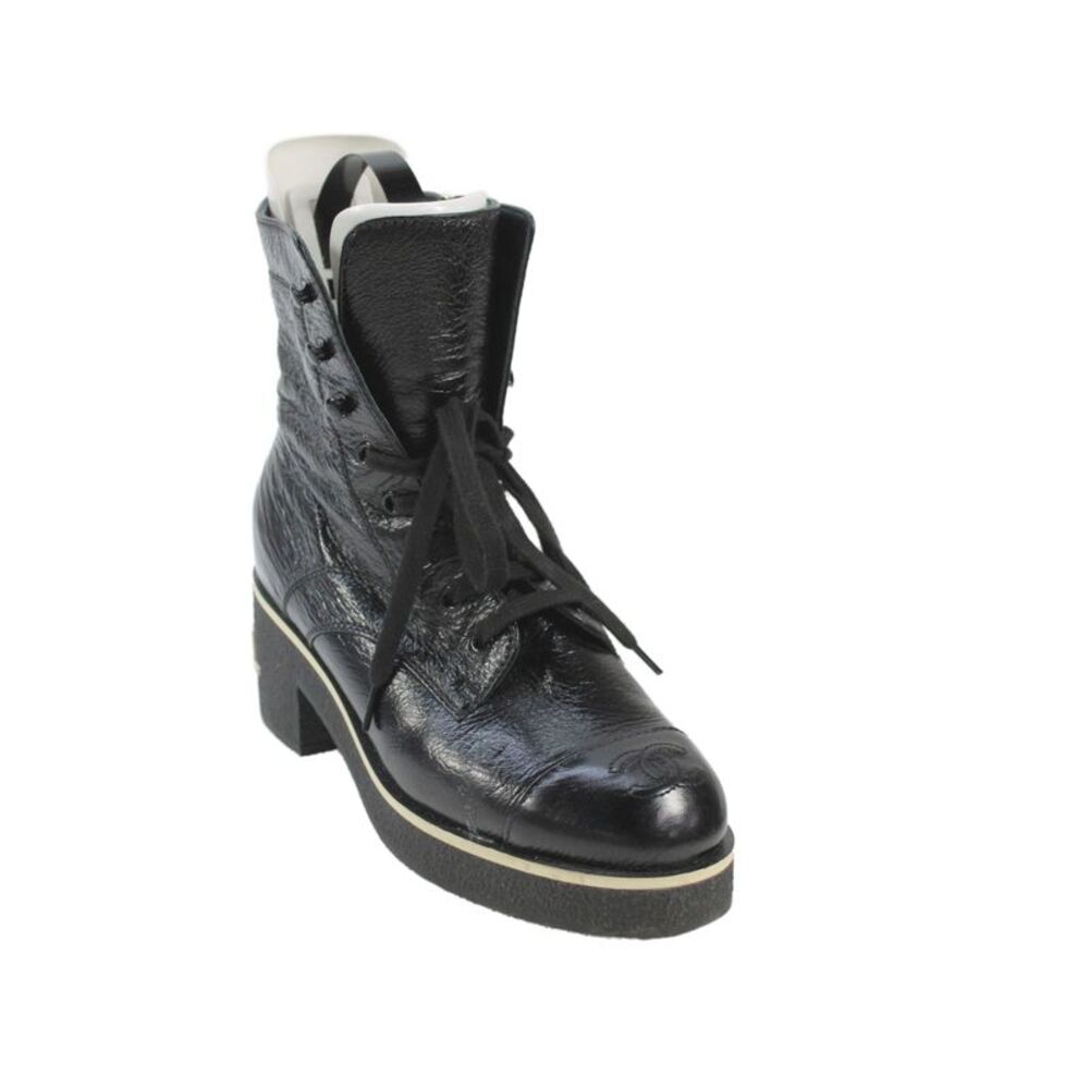 Chanel Womens Patent Leather Side Zip Combat Boots Black Size 6.5